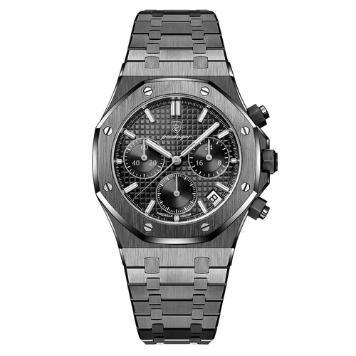 Silver watch with detailed face on a white background, featuring the Estamo brand.