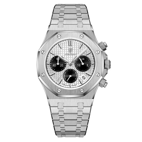Silver watch with detailed face on a white background, featuring the Estamo brand logo.