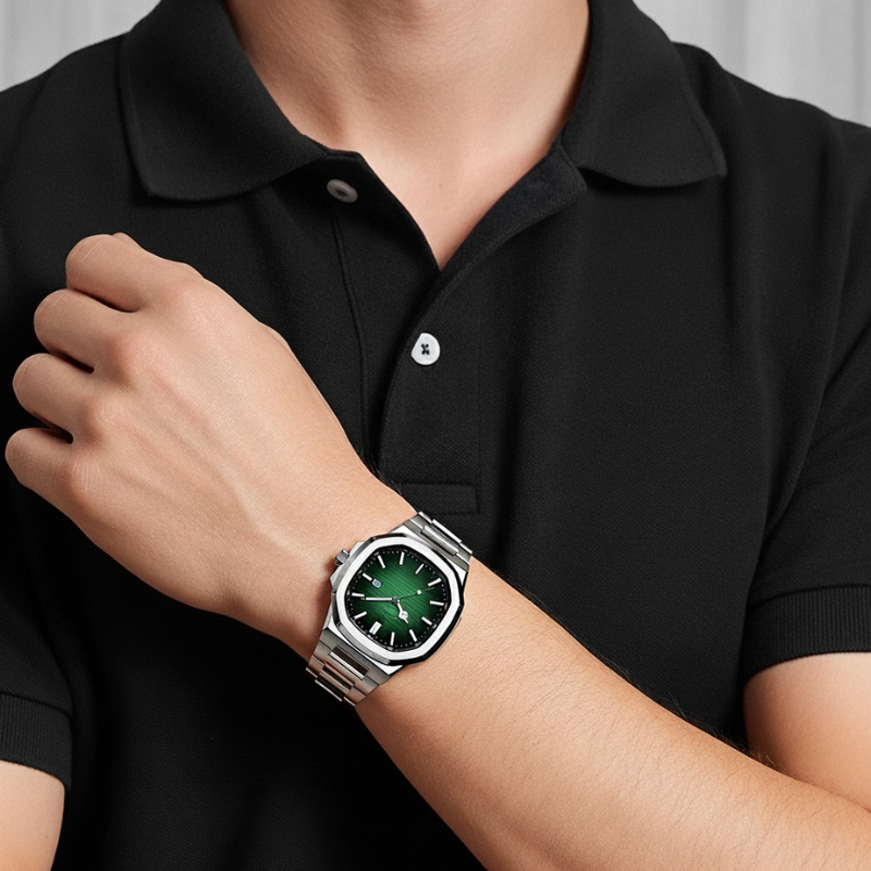 Person wearing a black polo shirt and a watch with a green face.