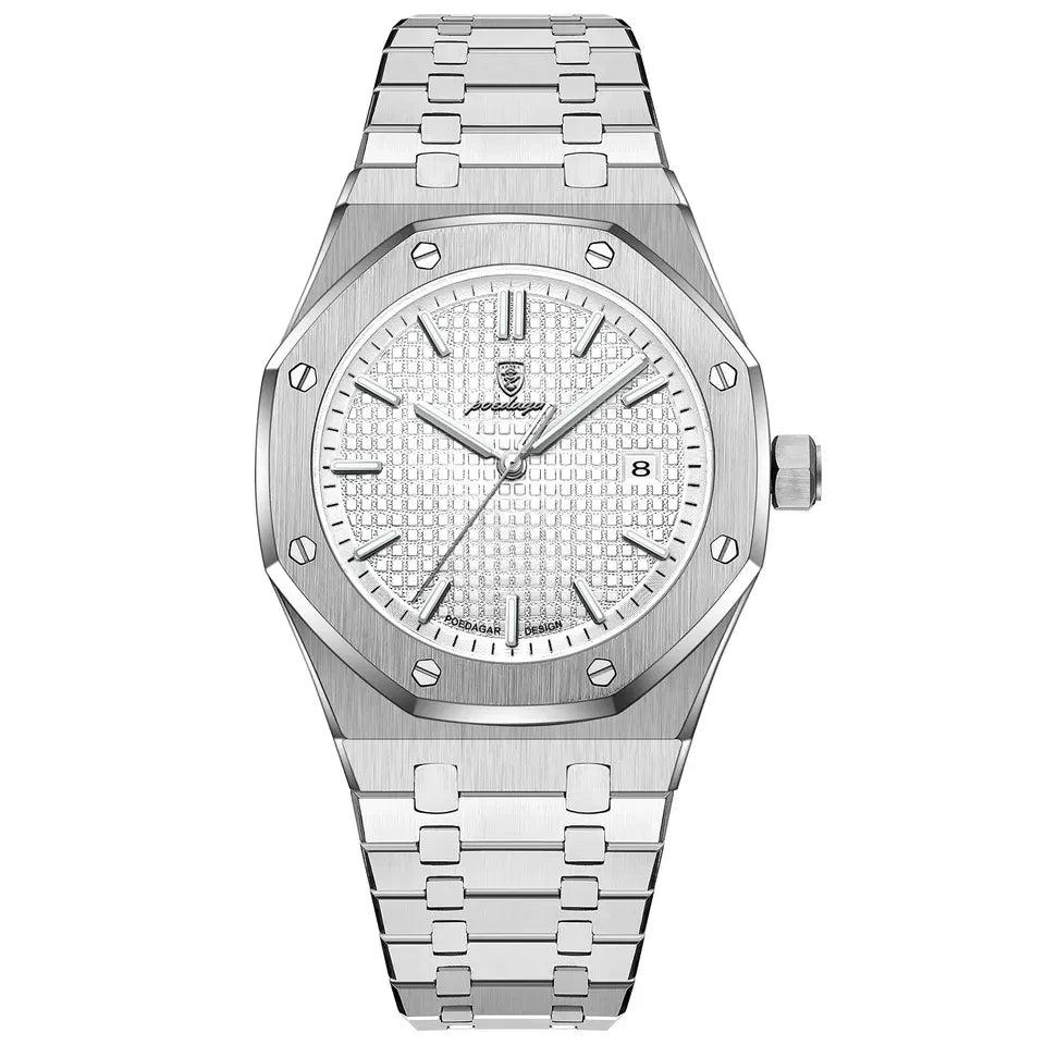 A silver ESTAMO Héritage watch with a white dial and a stainless steel bracelet.
