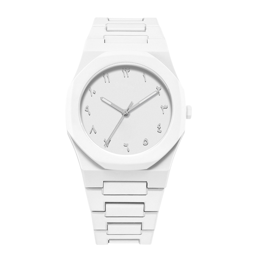 White arabic wristwatch with a plain white background